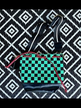 Demon Slayer Green & Black Checker Crossbody Bucket Bag with Red Trim